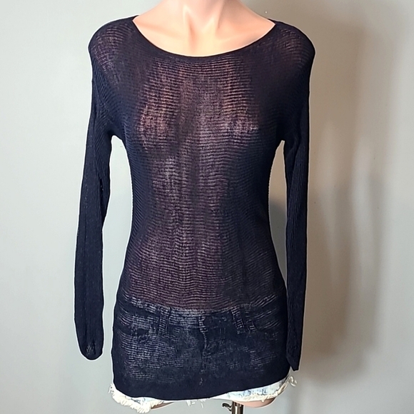 Loft Sweater Open knit ribbed boat neck XS Navy Beachy Linen Blend - Picture 1 of 7